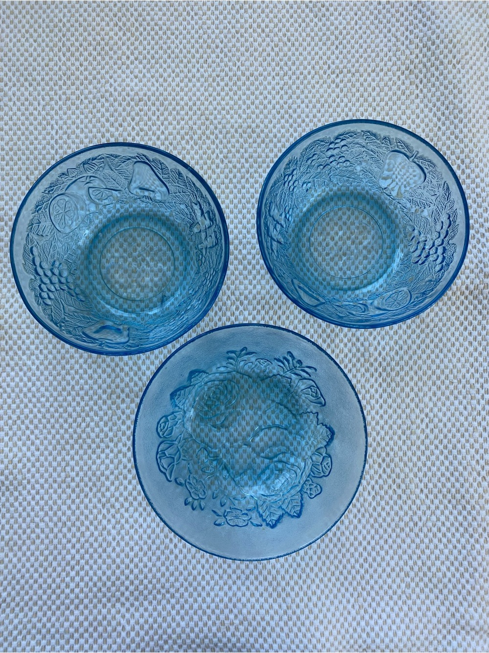 Vintage KIG Indonesia Ice Blue Pressed Glass Bowls and